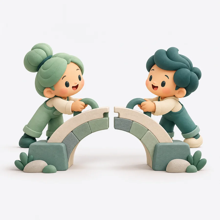 동행자: 두 캐릭터가 하나의 다리를 맞잡아 연결하는 장면